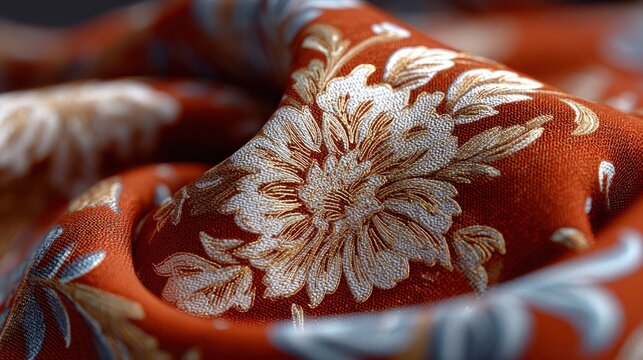 Luxurious floral damask fabric in rich terracotta and gilded accents closeup