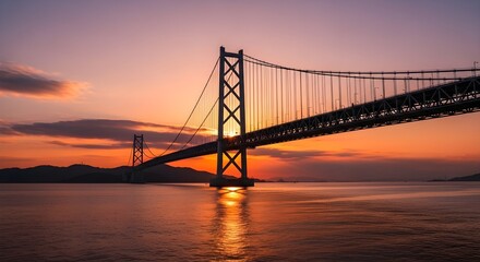 Dramatic suspension bridge at sunset over calm water reflecting vibrant sky colors and lights