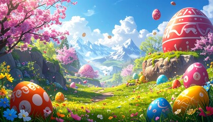 Beautiful Easter landscape with colorful eggs, cherry blossoms, and mountains