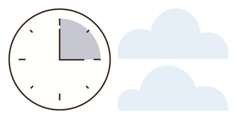 Minimalist clock with shaded time segment alongside two light blue clouds. Ideal for time management, relaxation, scheduling, stress relief, rest, mindfulness, simple flat metaphor