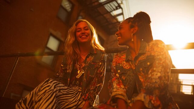 Two friends share a joyful moment at sunset, laughing and enjoying each other's company while dressed in stylish, vibrant outfits that reflect their unique personalities against an urban backdrop.
