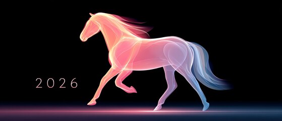 Joyful festival celebrating the 2026 zodiac year with neon glowing horse outline futuristic graphics vibrant atmosphere