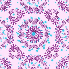 Seamless floral geometric pattern featuring purple and light blue circular flower shapes on a white background. Perfect for fabric design, wallpaper, gift wrap, and digital backgrounds.