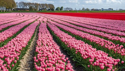 Beautiful Field of Pink Tulips in Bloom on a Sunny Day, Close-up View