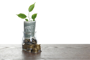 Glass jar with dollars, sprout and coins on wooden table against white background