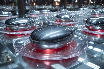 Rows of sleek, reflective, capsule shaped objects presented on translucent dishes with a red glow, creating a modern pattern