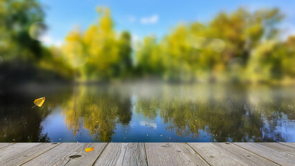 empty wooden jetty planks in foreground with copy space isolated on bluured autumn landscape background with a lake, autumn colors on a sunny day in an idyllic park