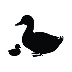 A mother duck and her small duckling a simple black silhouette