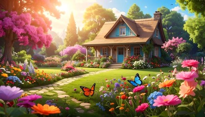 Beautiful House in a Blooming Garden with Butterflies and Colorful Flowers