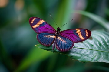 Obraz premium Striking tropical butterfly with vivid purple and orange patterned wings perched gracefully on a lush green leaf in nature