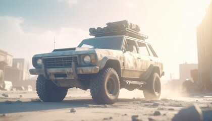 Post apocalyptic armored offroad rusty car with roof rack and stuff