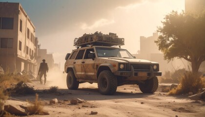 Post apocalyptic armored offroad rusty car with roof rack and stuff