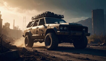 Post apocalyptic armored offroad rusty car with roof rack and stuff