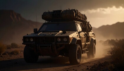 Post apocalyptic armored offroad rusty car with roof rack and stuff