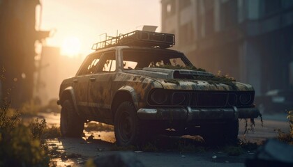 Post apocalyptic armored offroad rusty car with roof rack and stuff