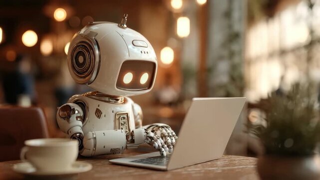 Cute robot sitting at a cozy cafe table, typing enthusiastically on a laptop while enjoying the warm atmosphere and sipping a drink