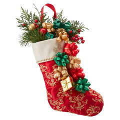 Festive red christmas stocking overflowing with decorative ornaments and greenery isolated on transparent background