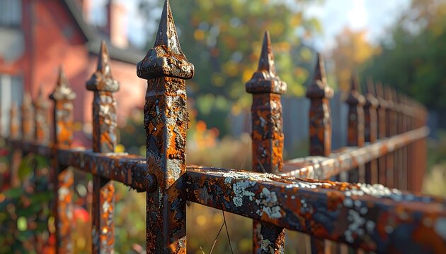 Close-up of an old, rusty wrought iron fence with a blurred background