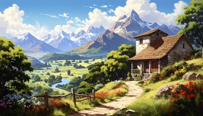 Beautiful landscape of a mountain scene with a house, a river and trees