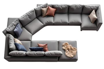 Top View of Modern Gray Sectional Sofa Arrangement Living Room Furniture Cozy Atmosphere Aesthetic Design