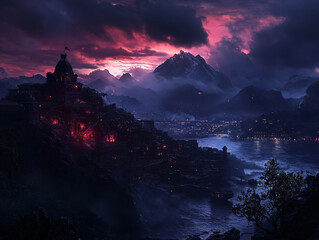 City in the Bay, Abstract landscape, dark mountains peak in fog above dark mysterious lake. 