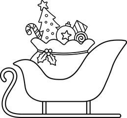 outline of  sleigh filled with Christmas gifts and a Christmas tree.
Santa's sleigh with gifts children's coloring pages.
Transparent background.