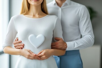 Fototapeta premium Couple joyfully celebrating pregnancy with a heart-shaped symbol in a bright, modern setting