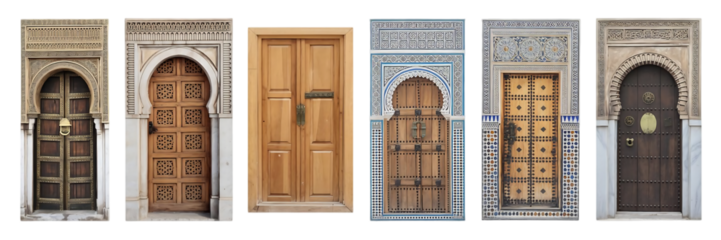 Collection of six ornate and decorative antique wooden doors from morocco with intricate carvings and architectural details isolated on transparent background