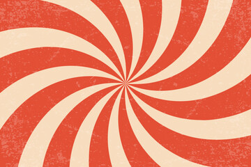 Spiral sun rays retro background. Groovy textured psychedelic vector bg with red radial rays. Trippy circus 70s vintage striped graphic. Abstract circular illustration