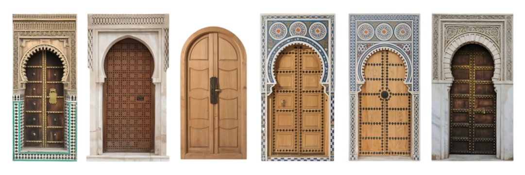 Collection of ornate moroccan doors with intricate carvings and architectural details isolated on transparent background