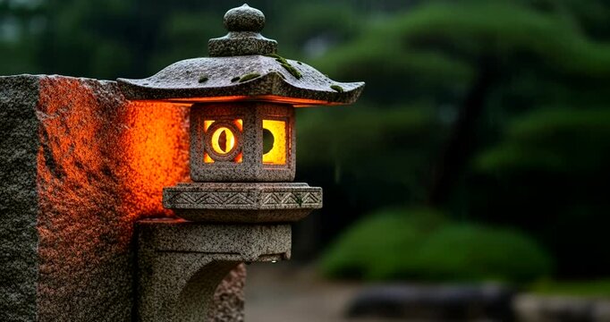 Serene Japanese stone lantern glowing softly in a lush garden during rain