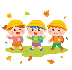 遠足で歩く子どもたち　秋バージョン