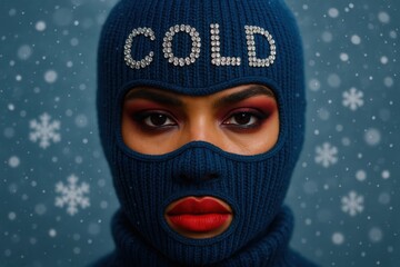 image.pngClose-up of woman in blue knitted ski mask with COLD in rhinestones, bold red makeup, against snowy background, winter fashion concept