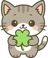 네잎클로버를 든 귀여운 고양이 일러스트