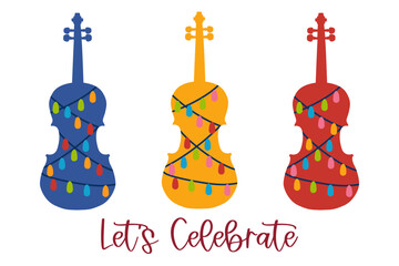 Colorful violin,viola,cello.Clipart flat design. Instrument orchestra string fiddle music isolate background.Design for happy holiday decorate,festival,new year, Christmas,party,celebration