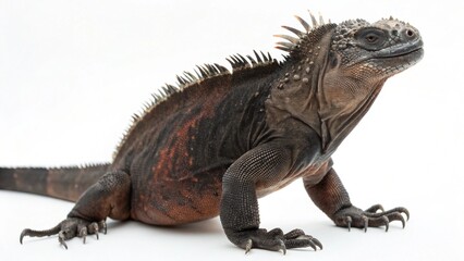 Obraz premium Marine Iguana with dark scaly skin, robust body, and spiny dorsal crest, perched on a clean white studio background, realistic reptile portrait, sharp focus, professional lighting