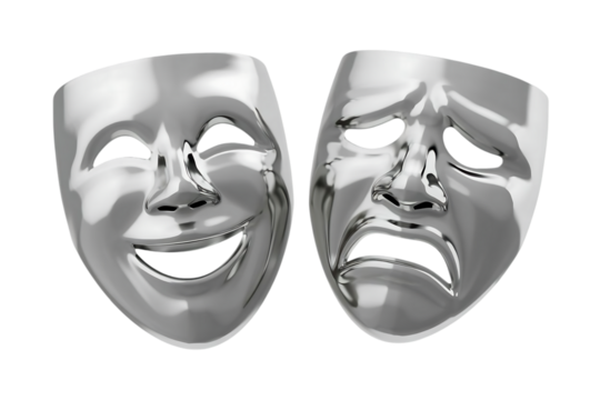 Two classic theater drama masks one smiling and one crying representing joy and sorrow isolated on transparent background