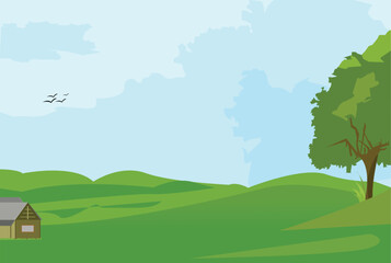 Green Landscape Vector with Tree, Grass and Blue Sky