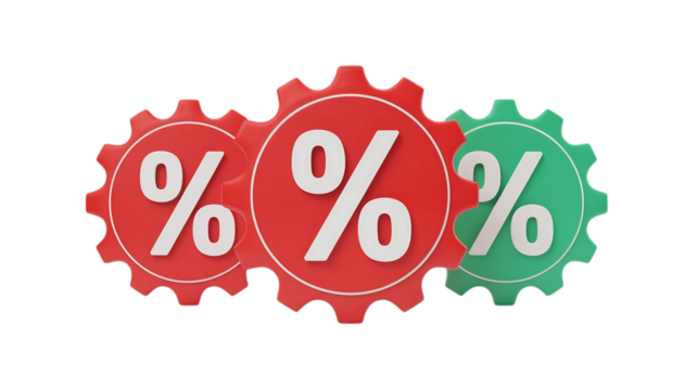 Three colorful gears with percentage symbols inside representing financial concepts and business growth isolated on transparent background