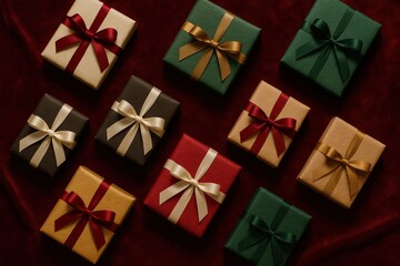 Fototapeta premium Gift boxes in festive colors with ribbons on velvet red background