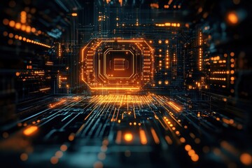 Glowing circuits and data flows create a dynamic atmosphere in a futuristic digital realm filled with vibrant colors