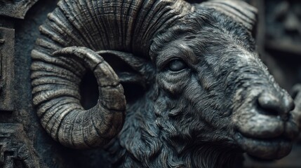Fototapeta premium Detailed Stone Carving of a Ram's Head with Striking Horns and Expression