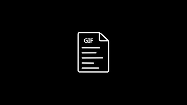 White outline icon of a document with GIF text and lines on black background Keywords: GIF, file, document, icon, symbol, graphic, format, image, animation, digital, data, computer
