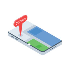 An isometric illustration of a smartphone displaying a digital map and delivery time