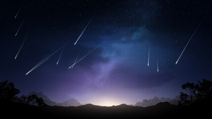 Meteor Shower Over Tranquil Night Sky, Silhouetted Landscape, Streaks of Light, Mild Milky Way Haze, Shooting Stars, Gradient Tones, Deep Blue to Violet, High Resolution Celestial Imagery for Science/