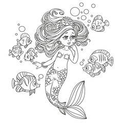 Beautiful little mermaid girl amazement communicates with the fish outlined isolated on white background