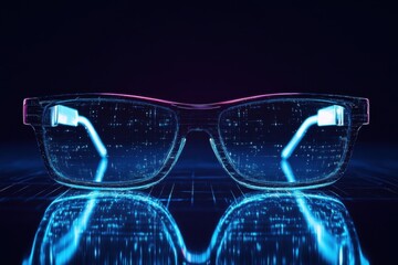 Futuristic glasses with glowing design displayed against a dark background