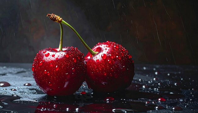 Close-up shot of fresh cherries with water droplets on a dark background