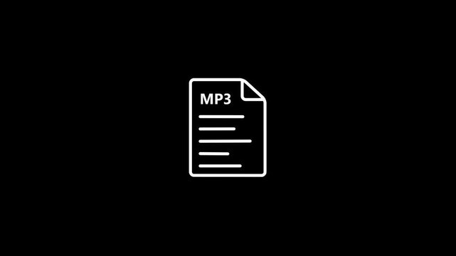 White outline icon of an M P3 file document on a black background audio