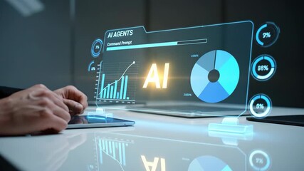 An ai data technology futuristic digital business analytics chart graph interface innovation, businessman hand interacting with modern virtual screen - Powered by Adobe